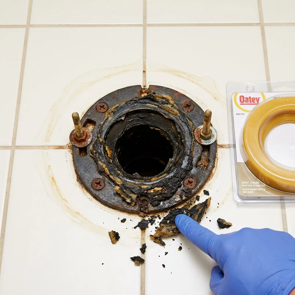 Failed wax ring showing water seepage at the base of a toilet in a Greenville, NC home